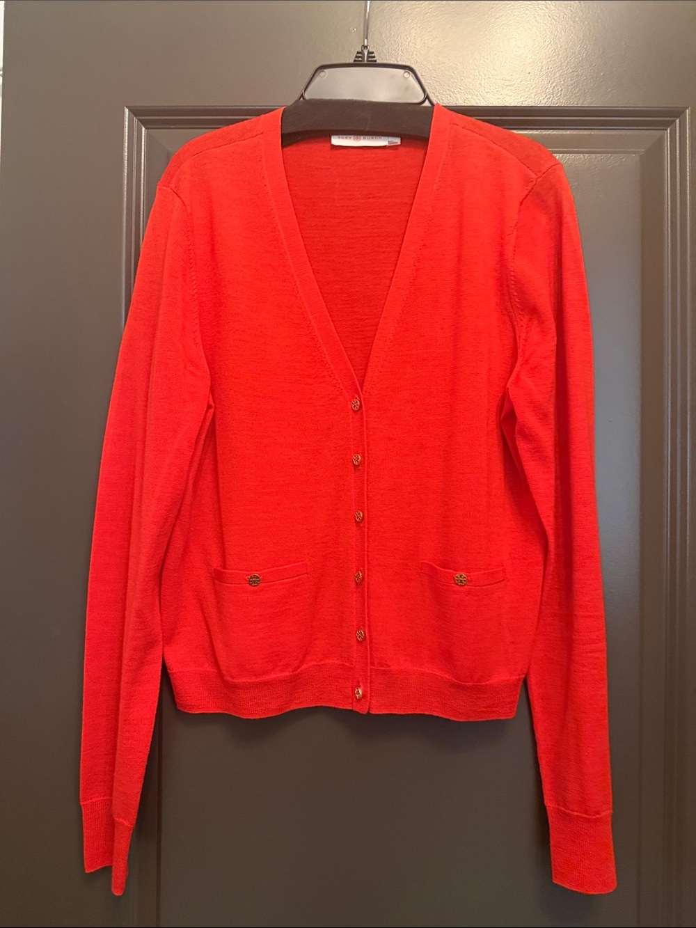 Tory Burch Bright Red V-Neck Button Cardigan Wool with Mini Gold Buttons